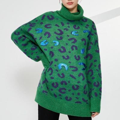 China Anti-wrinkle turtle sleeve elegant custom leopard print jacquard weave long neck knitted lazy style loose plus size green color women sweater for sale