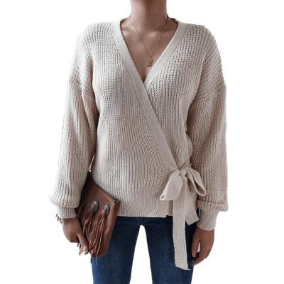 China Anti-wrinkle OEM women 7gg thick sweater custom lady knitwear with belt v neck plus size wrap sweaters cardigan for ladies for sale