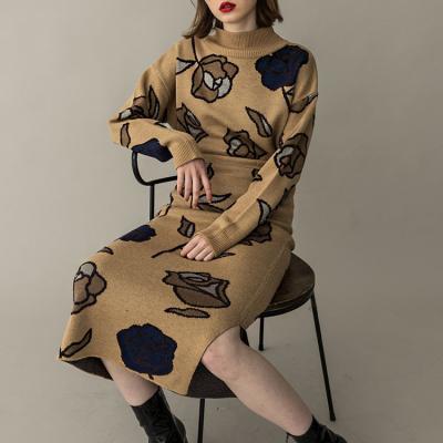 China Anti-Wrinkle Elegant Sweater Skirt Set Slim Design Winter Fall Vintage Flower Custom Luxury Jacquard Print Knit Bodycon Jumper Dress Suit for sale