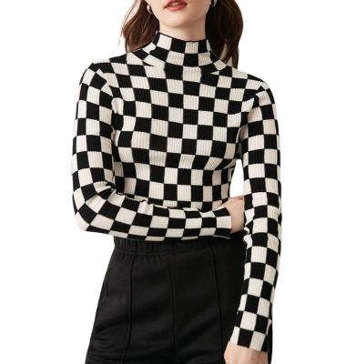 China Anti-wrinkle Retro plaid color contrast knitted top women's 22 autumn and winter new 4-color high-necked long-sleeved slim bottoming shirt for sale