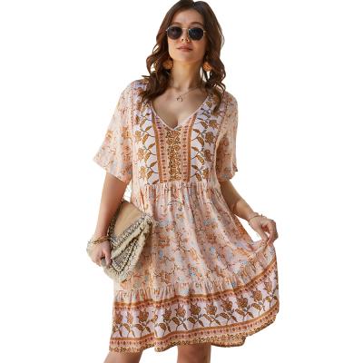 China 2022 New Summer Breathable Ladies Dress Loose Breathable Popular Orange Floral Retro Dress For Women for sale