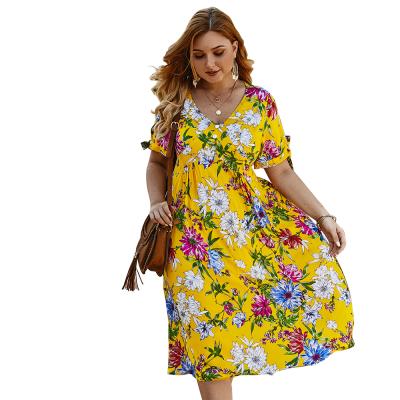 China Plus Size Hot Selling Plus Size Women's Vintage Casual Dress V-Neck Waist Loose Breathable Yellow Printing Dress for sale