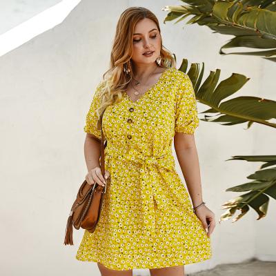 China Hot Selling Retro Style Women Summer Breathable Casual Dress Yellow Plus Size V-Neck Dress With Belt for sale