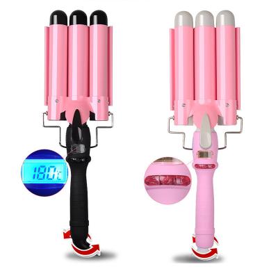 China Curly Hair Factory 3 Barrel Hair Curler With LCD Show Big Wavy Hair Curler Electric Hair Curler for sale