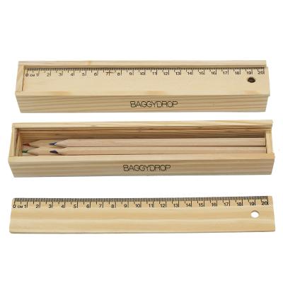 China Low MOQ Simple Eco-Friendly Wooden Kids Drawing 6 Colored Pencils Set Package In Wooden Box With Cover And Wooden Ruler Sharpener for sale