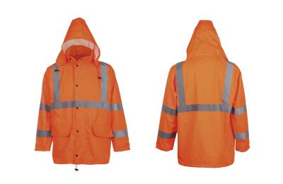 China ANSI//ISEA 107-2010 reflective safety rainwear waterproof jacket with detachable hood for sale