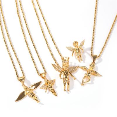 China Hiphop Diamond Angel Necklace Classic Men and Women Trend Hip Hop Stainless Steel Pendant Necklace for sale