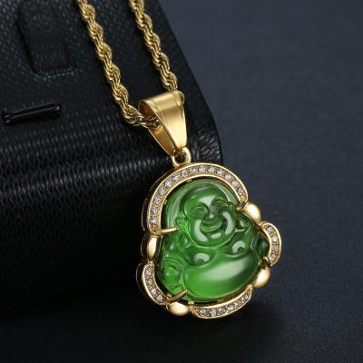 China Hiphop stainless steel golden crystal iced out chalcedony Maitreya Buddha jade stone necklace for sale