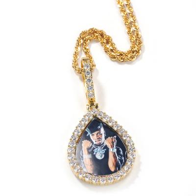 China Hot Sale Hiphop Water Drop Shape Couple Necklace Hip Hop Photo Memory Photo Frame Pendant Necklace for sale