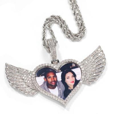 China Jewelry Wholesale Hip Hop Punk Copper Inlaid Zircon Love Wings Photo Pendant Memory Photo Necklace for sale