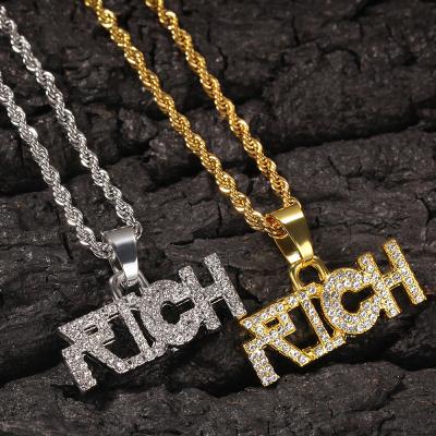 China New Fashionable Full Diamond RICH English Letter Brand HIPHOP Men's and Women's Pendant Personality punk hip-hop knock necklace for sale