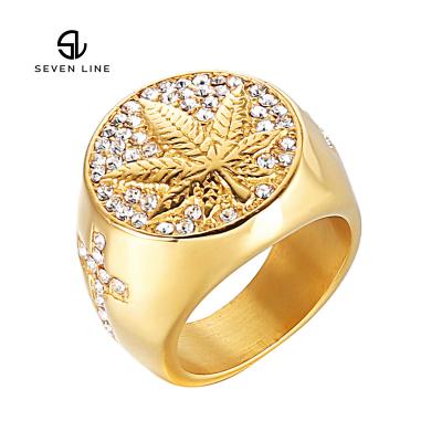 China European and American Hiphop Explosive Micro-inlaid Men's Hip-Hop Ring Zircon Diamond Hemp Leaf Ring Stainless Steel Full for sale