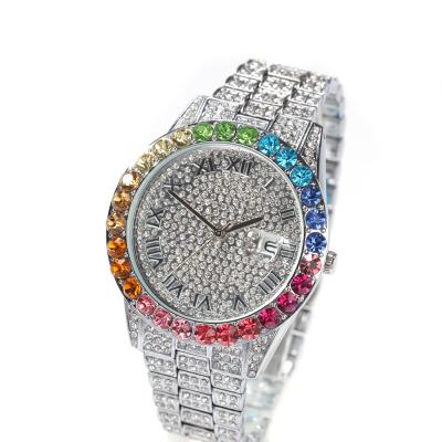 China New casual simple day/date watch hip hop diamond rainbow gradient color calendar quartz watch for sale