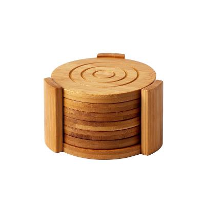 China Sustainable 6-Pack Set Wooden Coasters With Round Stand Of Cup Coasters For Cold Drinks And Hot Beverage Contemporary Design Bamboo Coasters for sale