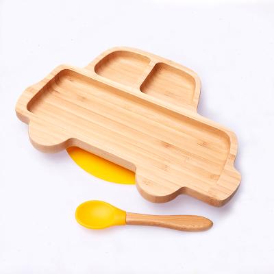 China BPA Bamboo Car Freeform Baby Toddler Suction Dish, Stay Put Dinner Feeding Dish for sale