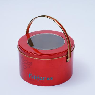 China Custom Printed Empty Safe Round Chocolate Tin Box Packing With Window 2020 Full Biscuit Tin With Window Food Metal Cookie Biscuit And Handle for sale