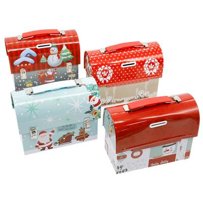 China Recycled Empty Materials Hot Sale Christmas Cookie Tin Can With Custom Print Handle Tins For Christmas Food Nut Cookie for sale