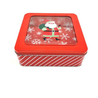 China Recycled Materials Customized Decorative Christmas Chocolate Food Packaging Tin Box Cans Big Square Metal Cake Storage Tins With PVC Window for sale