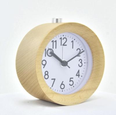 China Contemporary Analog Small Round Nap Night Light Alarm Table Wooden Desk Table Clock for sale