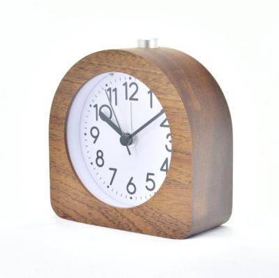 China Minimalist Arc Shaped Vintage Quartz Wooden Alarm Table Clock With Night Light for sale