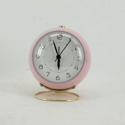 China Modern Unique Design Metal Desk Table Colorful Pink Analogue Alarm Clock With Night Light Home Decoration for sale