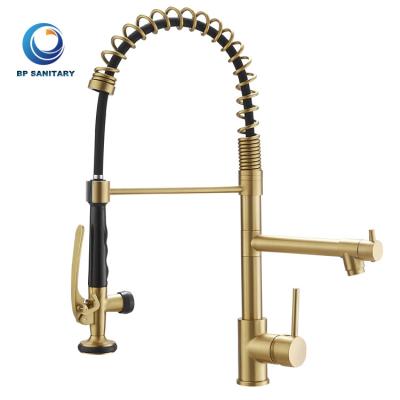 China Pull Out Spray Commercial Modern Luxury Deck Mounted Brushed Gold Pull Out Kitchen Faucet Spring Dual Spout Pull Down Mixer Tap And Pot Filler for sale