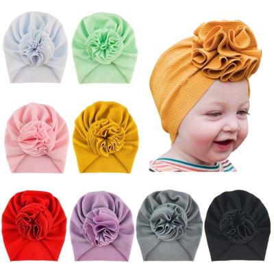 China Wholesale Solid Hat Striped Beanie Nursery Hospital Turban Hat Bonnet With Big Flower For Infants Newborns Toddlers Babies for sale