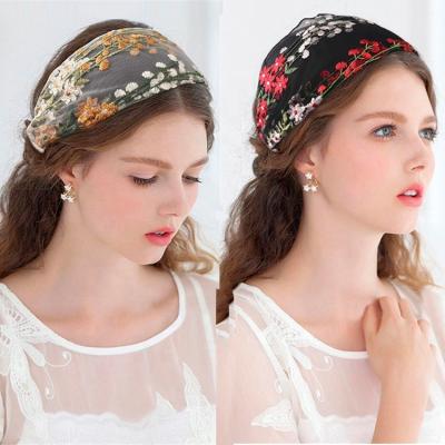 China Bohemia Retro Elastic Embroidery Headbands Vintage See Through Lace Floral Embroidery Headbands Flowers Headband Headwrap Bands Turban For Women Girl for sale