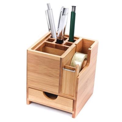 China Europe\North America Office Square Bamboo Pen Pencil Holder Stand Office Organizer with Drawer and Strip Dispenser for sale