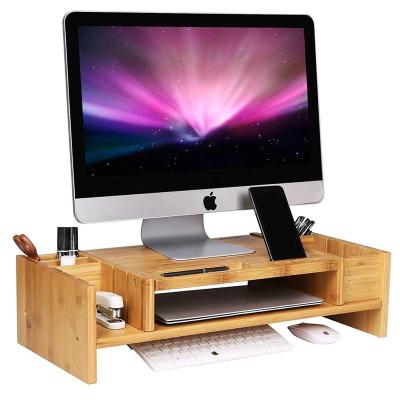 China Multifunctional Bamboo 2-Tier Monitor Stand Riser with Adjustable Storage Organizer Laptop Cellphone TV Stand Printer for sale