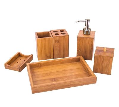 China Sustainable Bamboo Bathroom Accessory Set With Soap Dispenser Cotton Ball Box Toothbrush Holder Soap Dish for sale