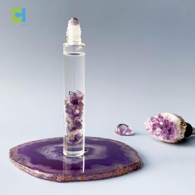 China Custom Natural Logo 5ml 10ml Quartz Essential Oil Glass Bottle Moisturizer Healing Crystal Infused Gem Roller Bottles for sale