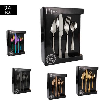 China Rose Golden Wedding Viable Custom Viable Flatware Luxury Gift Box Black Logo Stainless Steel Silver Cutlery Set Polish 24pcs for sale