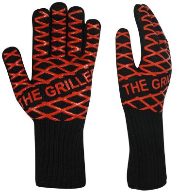 China Food Approval Food Grade High Temperature Resistant Black Double Aramid Layer Knit Gloves With Silicone Print On Palm Oven BBQ Gloves for sale