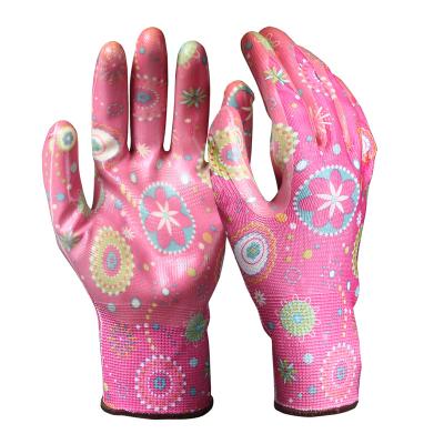 China Manufacturers Lint Free Nitrile Coated and Nylon Strong Polyester Flower Pattern Tear Resistant Garden Gloves for sale