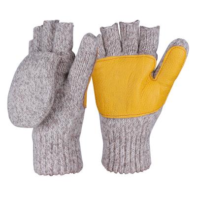 China Flexible Wool Knitted Winter Anti Slip Leather Palm Fingerless Gloves With Mitten Fin Cover Thinsulate Coating Safety Work Gloves for sale