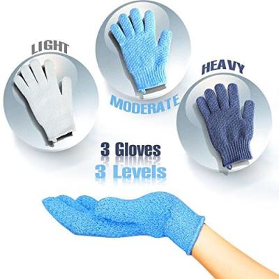 China SKIN COOL Gray Blue 3 White Color Combo Knitted Nylon Wash Up Hand Exfoliating Body Wash And Dishes Gloves for sale