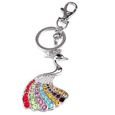 China Cute Seven Colors Sparkle Custom Keychain Peacock Logo Zinc Alloy Crystal Rhinestone Keychain Graduation Souvenir Gift for sale