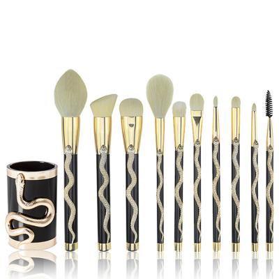 China Angular Blush Wholesale Makeup Brush Synthetic Fiber Plastic Handle 10 Pieces Makeup Brush Set Premium Black Snake Shape Makeup Brush for sale