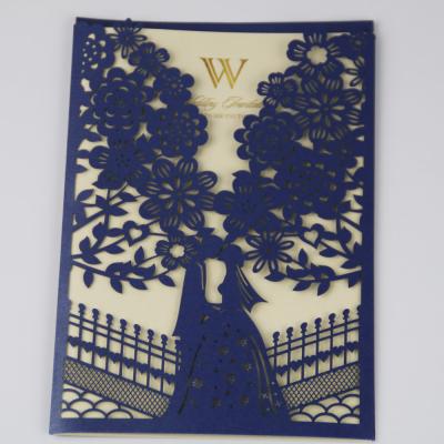 China Latest China Navy Pearl Paper Laser Cut Wedding Invitation Card Design for sale