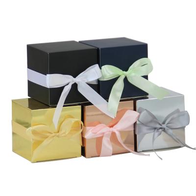 China Recyclable Solid Color Square Paper Wrapping Paper Box 3*3*3inch Luxury Wedding Favors For Guests Bakery Chocolate Candy Box With Ribbon for sale