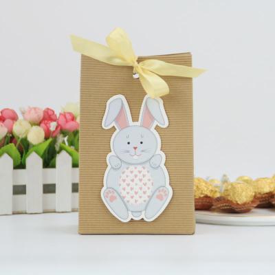 China Recyclable Easter Bunny Pattern Kraft Paper Bag Striped Gift Bag For Gift Candy Cookie Packaging Bag For Kids With Ribbon for sale