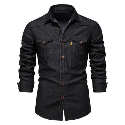 China Fashionable new denim men's shirt casual men's pocket shirt long sleeve washed denim shirt solid color anti-pilling shirt for sale