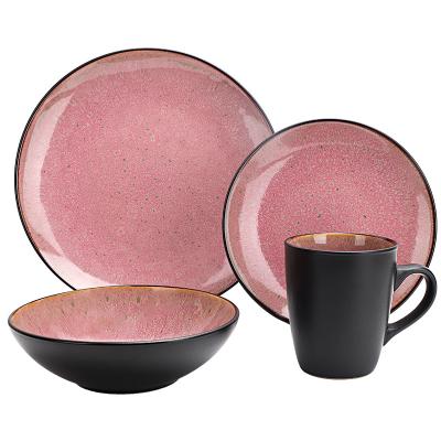 China Sustainable Reactive Gloss Tableware Dining Pink And Black Ceramic Stoneware for sale