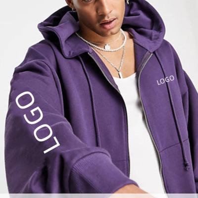 China Custom Anti-wrinkle Men's Casual Embroidery Hoodie Drawstring Hood Side Pockets Ribbed Trims Logo Sweatshirt Zip Hoodie In Dark Purple for sale