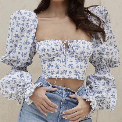 China 2022 New Arrival Viable Sexy Autumn Floral Print Off Shoulder Puff Sleeve Blouses Women Long Shirt For Women Blouse Tops Fall Clothing for sale