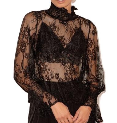 China Wholesale Viable Bulk Women's Long Sleeve Women's Cor Top Sexy Flouncy Cuffs Black Lace Sheer Neck Fashion Full Mock Fashionable for sale