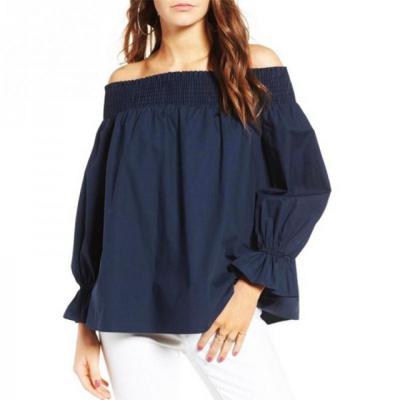 China 2022 Breathable Casual Simple Loose Women Blouses Designs Off The Shoulder Long Puff Sleeve Crop Top for sale