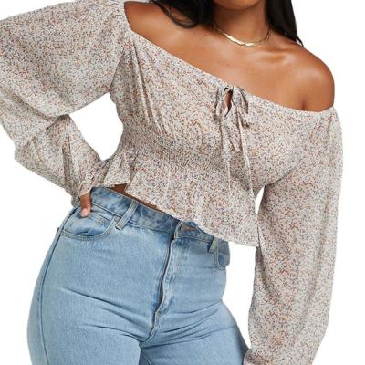 China OEM Anti-pilling Fashionable Short Sleeve Crop Top Floral Print Off The Shoulder Woman Lady Top Shirt Blouse for sale