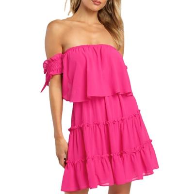 China Anti-Wrinkle Factory Customization Hot Pink Off-the-Shoulder Ruffled Founce Bodice Mini High Smocked Waist Women Casual Dress for sale